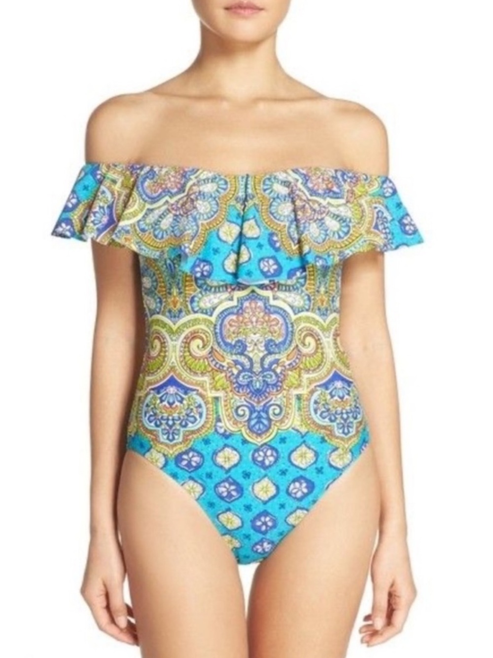 Trina Turk Corsica Off the Shoulder One Piece Paisley Swimsuit Size 8